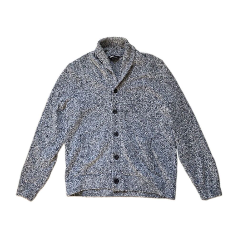 Express Blue Marled Shawl Collar Button Cardigan Sweater Cotton Blend Mens XL